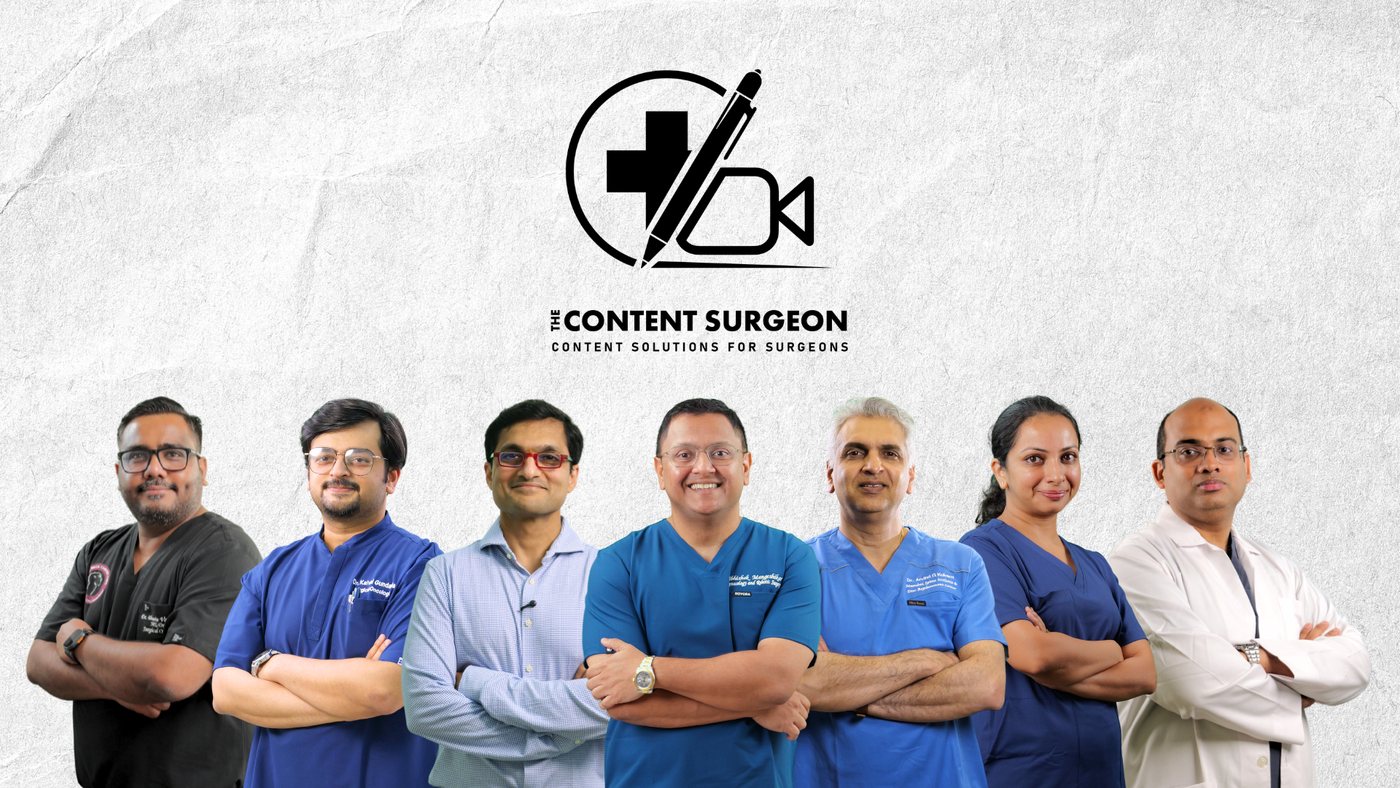The Content Surgeon &mdash; roster of seven Indian surgeons in scrubs, arms crossed, with the TCS logo above them